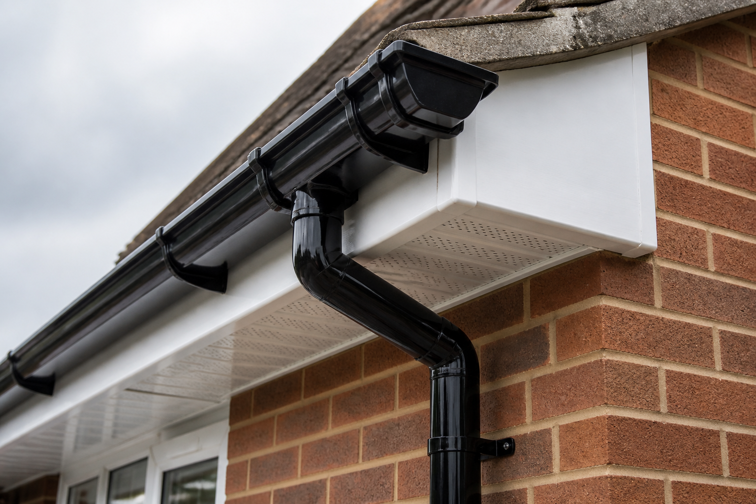 Black guttering, white fascia and soffit detail on a red-brick Worcestershire home.