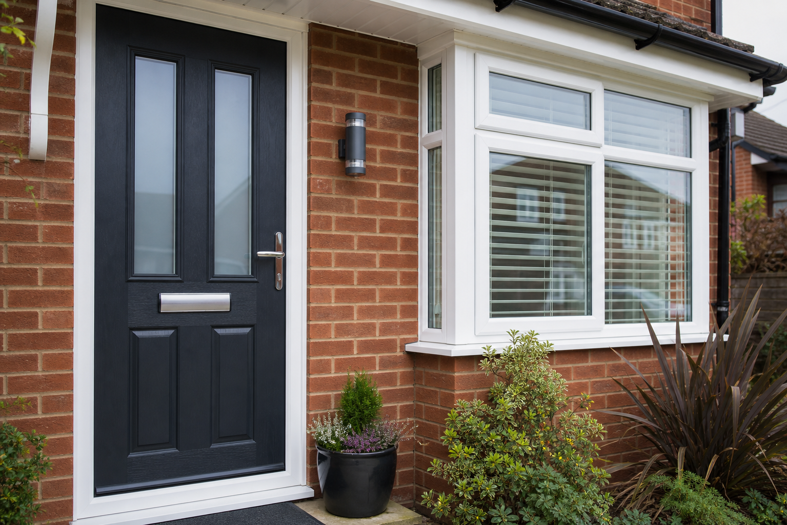 Freshly fitted dark composite door and white uPVC window on a red-brick home.