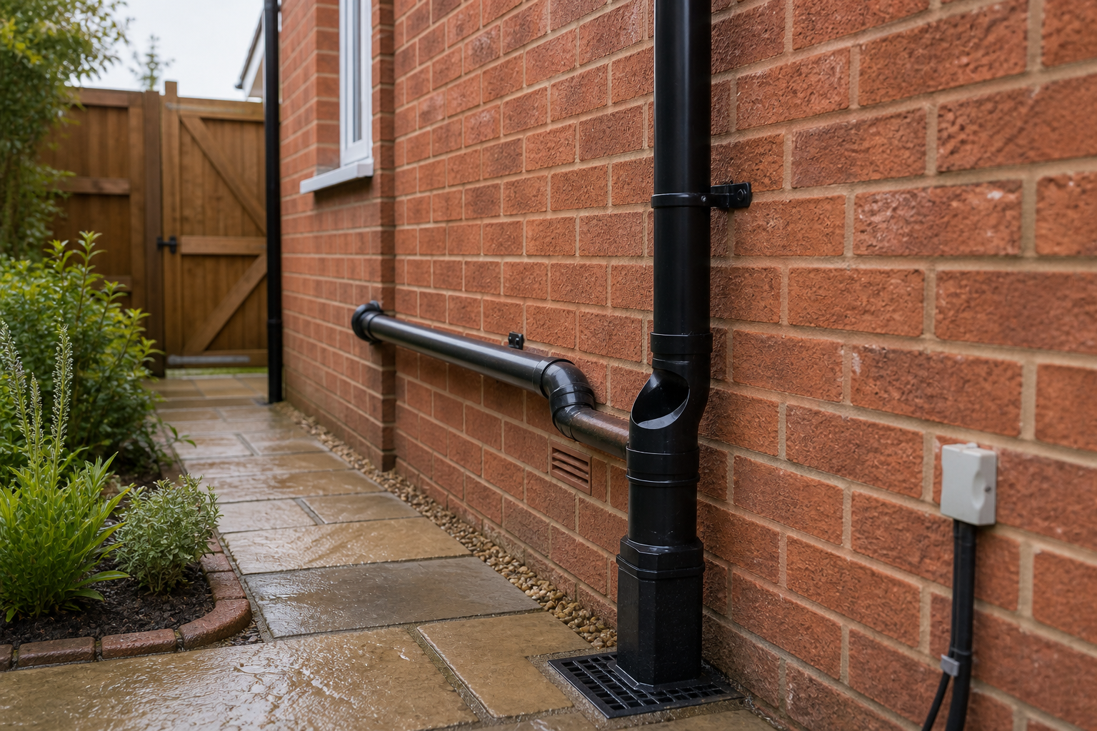 Black downpipe and exterior maintenance detail on a Droitwich-style red-brick home.