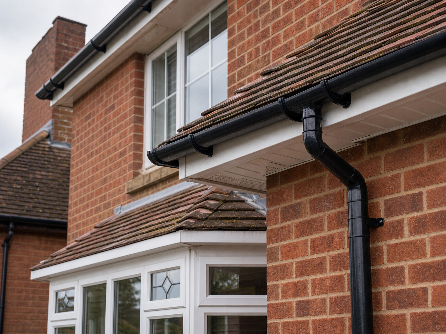 Evesham roofline detail with black guttering, white fascia, clay tiles and red brick.