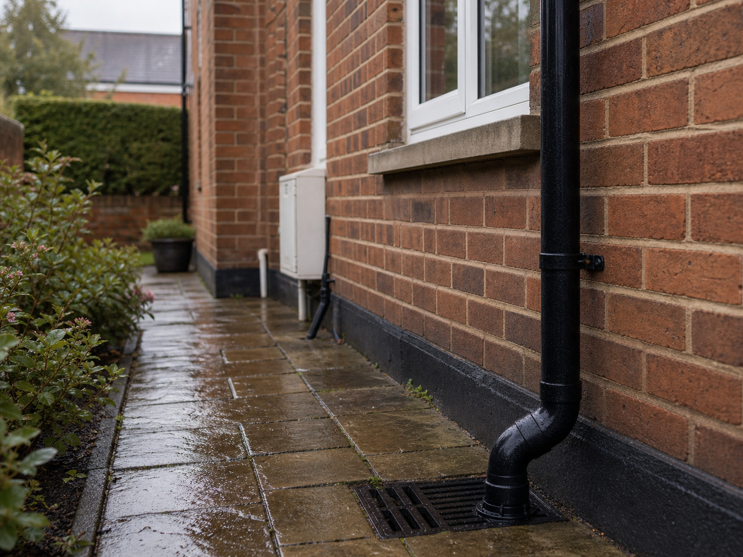 Side path maintenance detail with downpipe and drain beside an Evesham red-brick home.