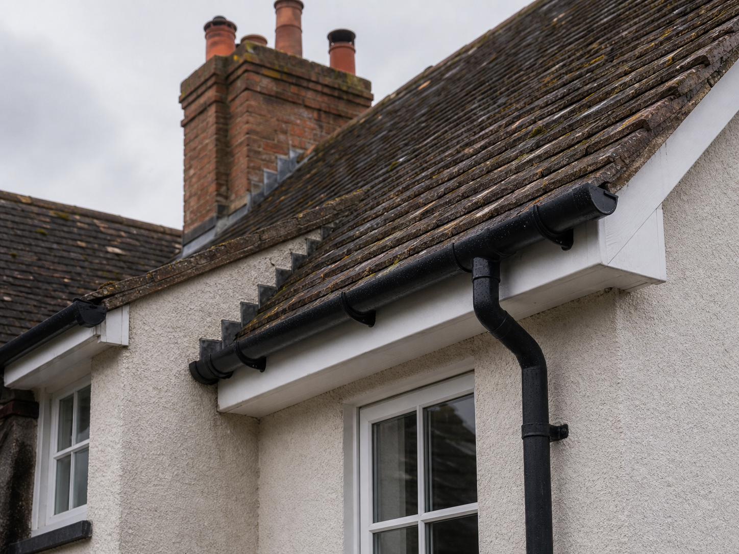Malvern roofline detail with guttering, fascia, tiles and render after rain.