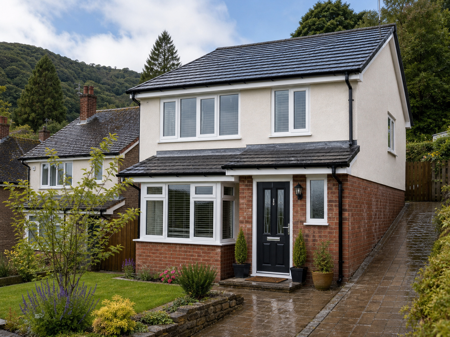 Malvern family home with clean windows, dark door, roofline and rendered details.