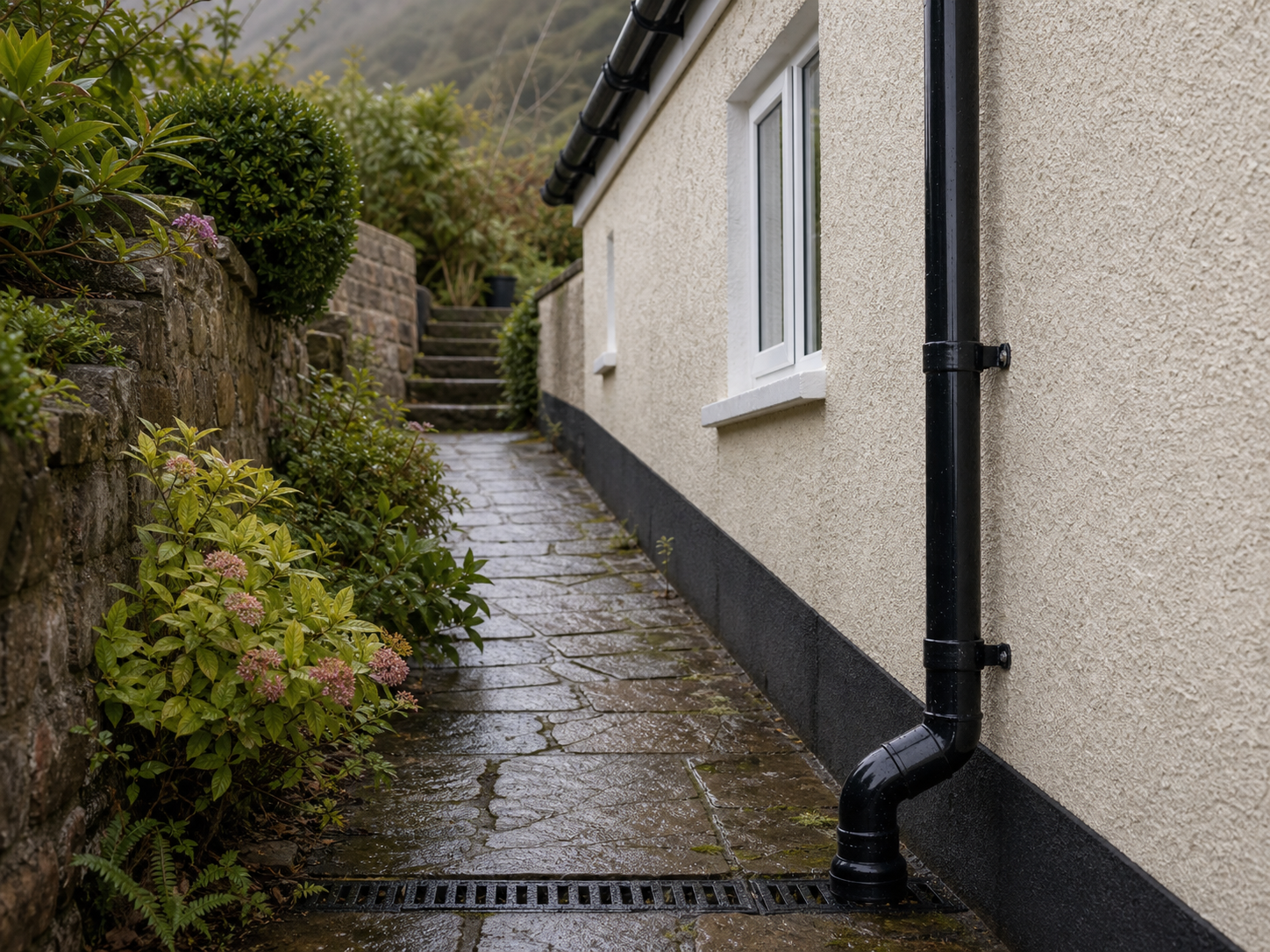 Sloped side path with black downpipe and drainage beside a rendered Malvern home.
