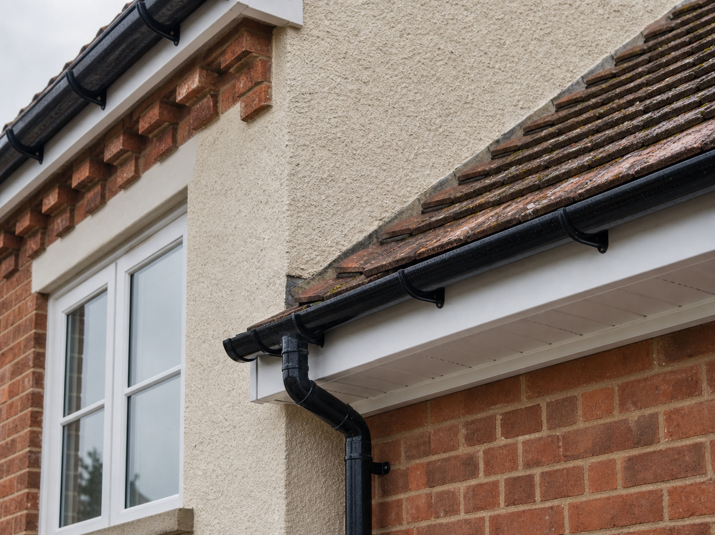 Pershore roofline detail with black guttering, white soffit, clay tiles, brick and render.