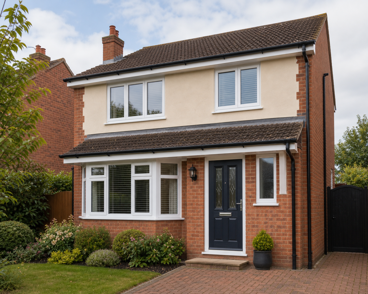 Pershore family home with white windows, dark composite door and neat roofline.