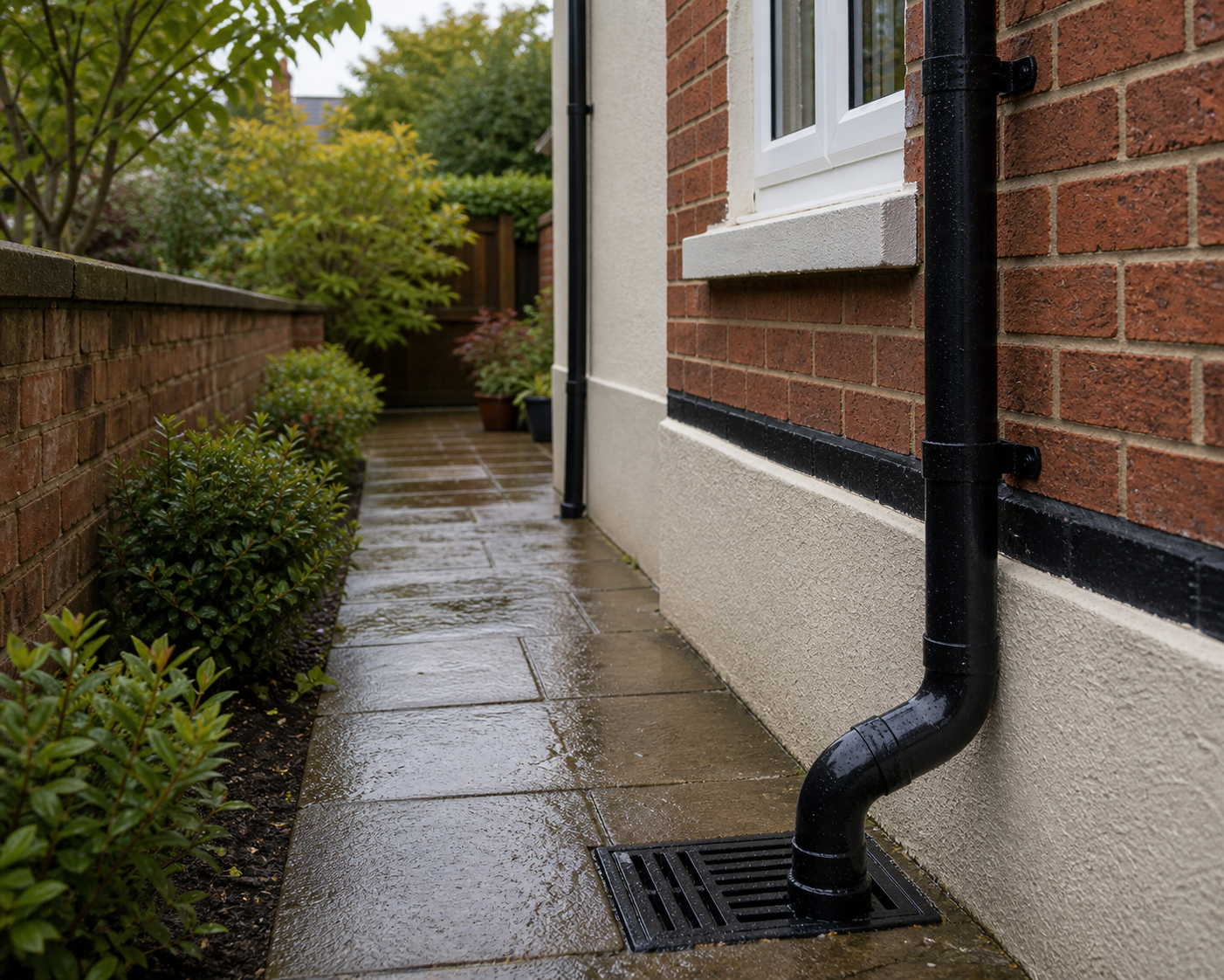 Downpipe, drain and damp path beside a Pershore brick-and-render home.