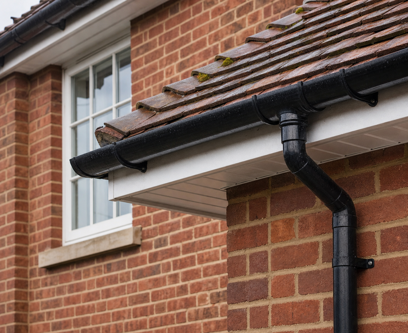 Black guttering, white soffit and clay roof tiles on a red-brick Worcestershire home.