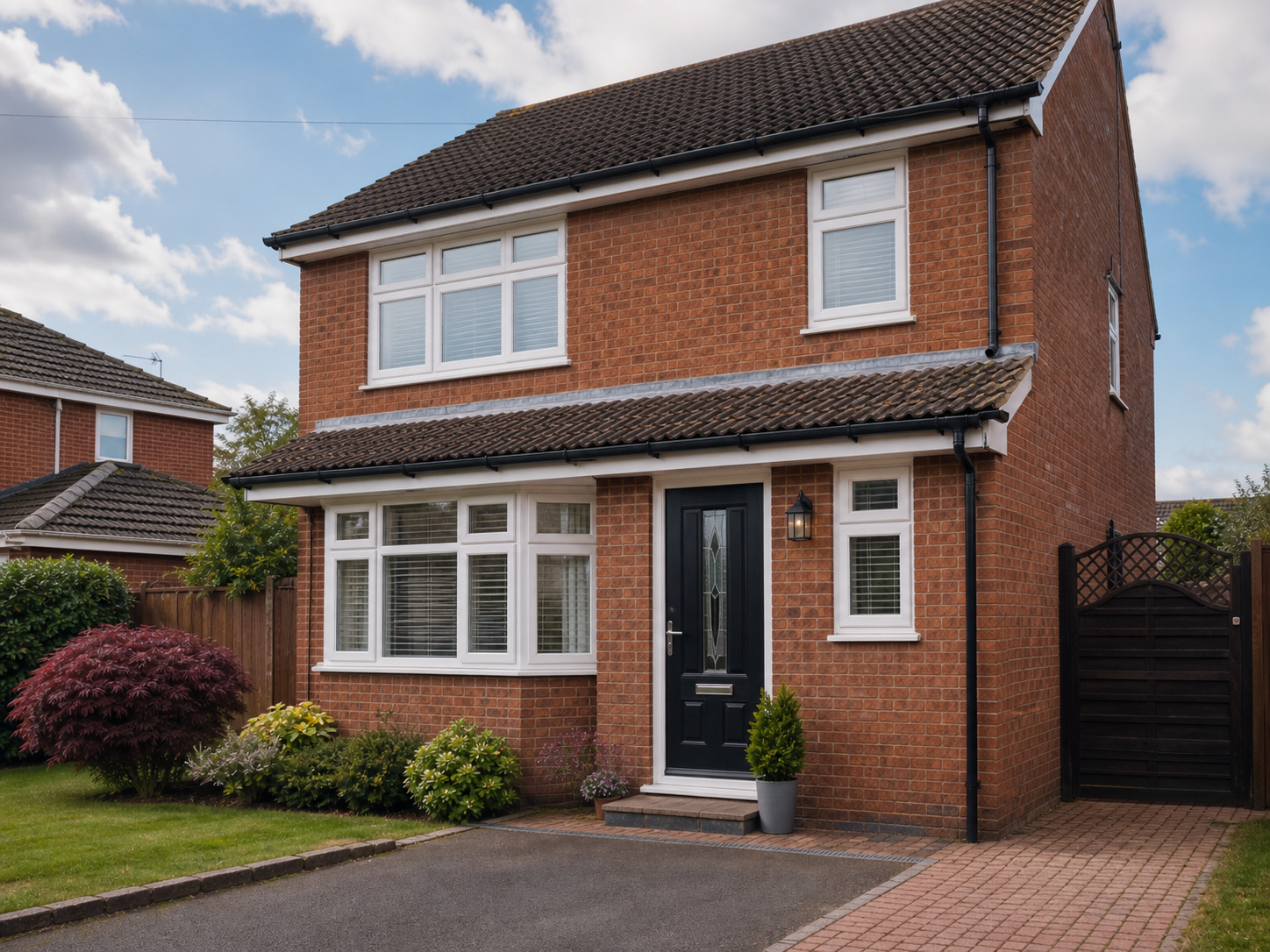 Edge-of-town red-brick Tewkesbury home with white uPVC windows, dark composite door and clean roofline.
