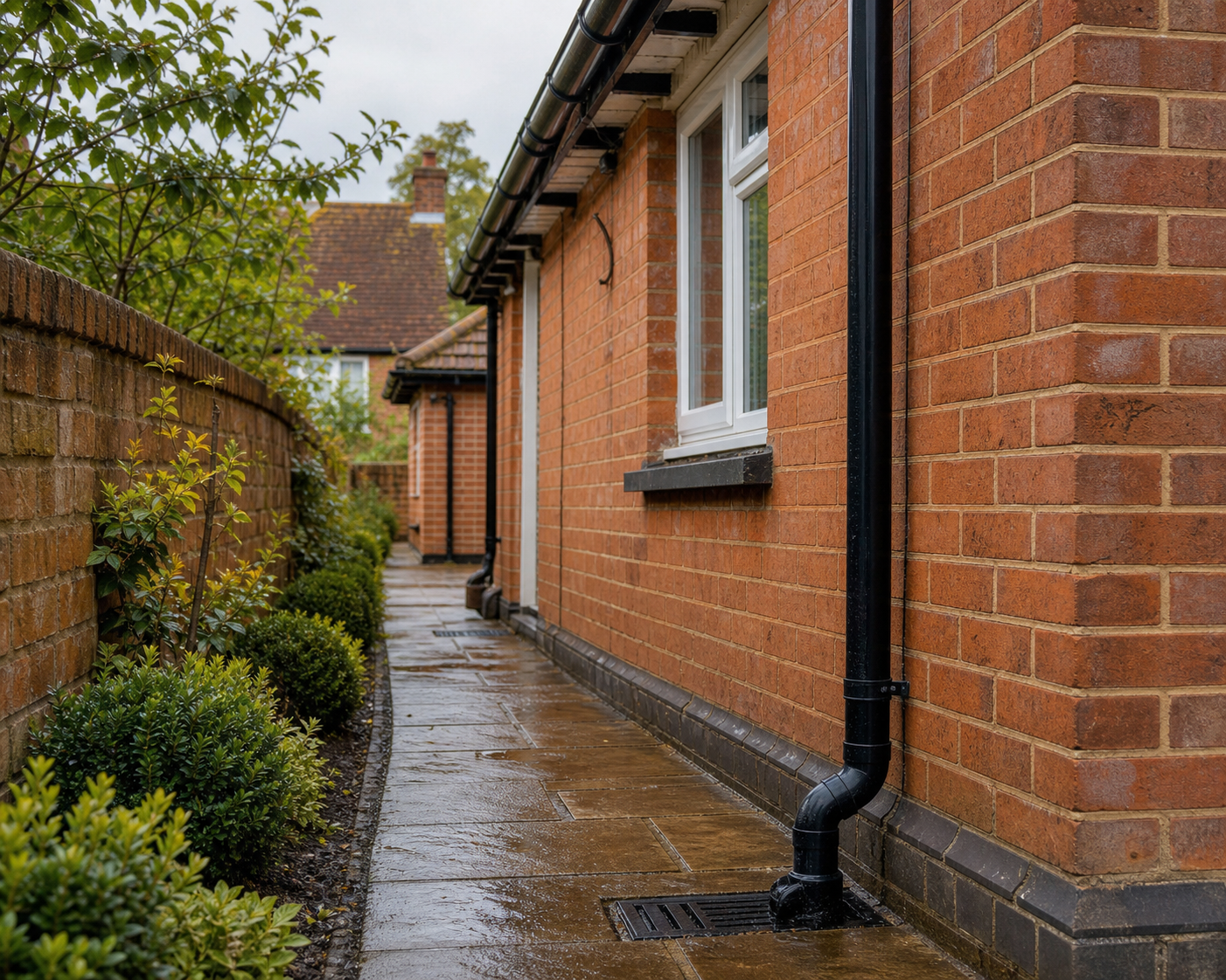 Black downpipe, drain gully and damp side path beside a red-brick Worcestershire home.