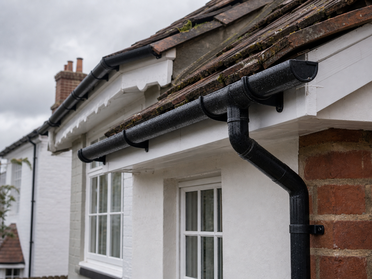 Upton-upon-Severn roofline detail with black guttering, white soffit, clay tiles and render.