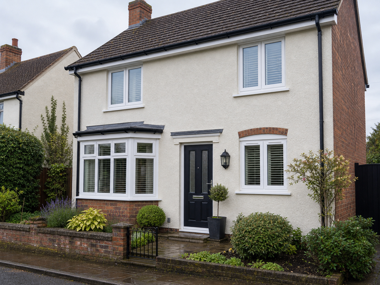 Upton-upon-Severn home with white windows, dark door, render, brick and clean guttering.