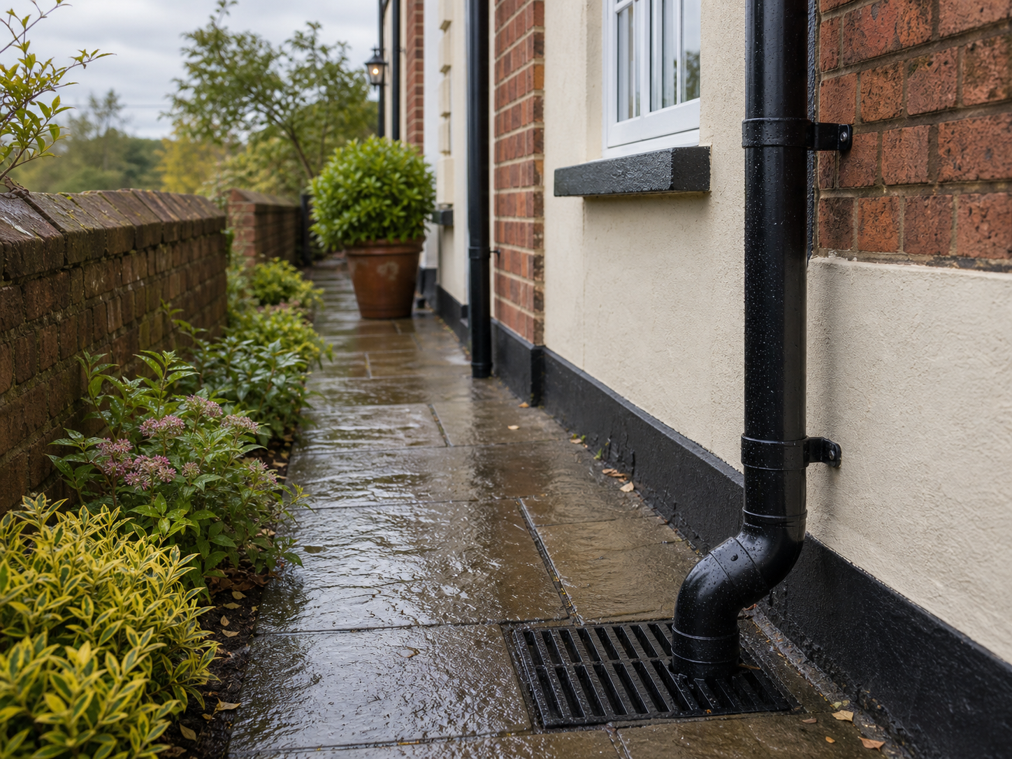 Downpipe and drain detail beside an older Upton-upon-Severn home after rain.