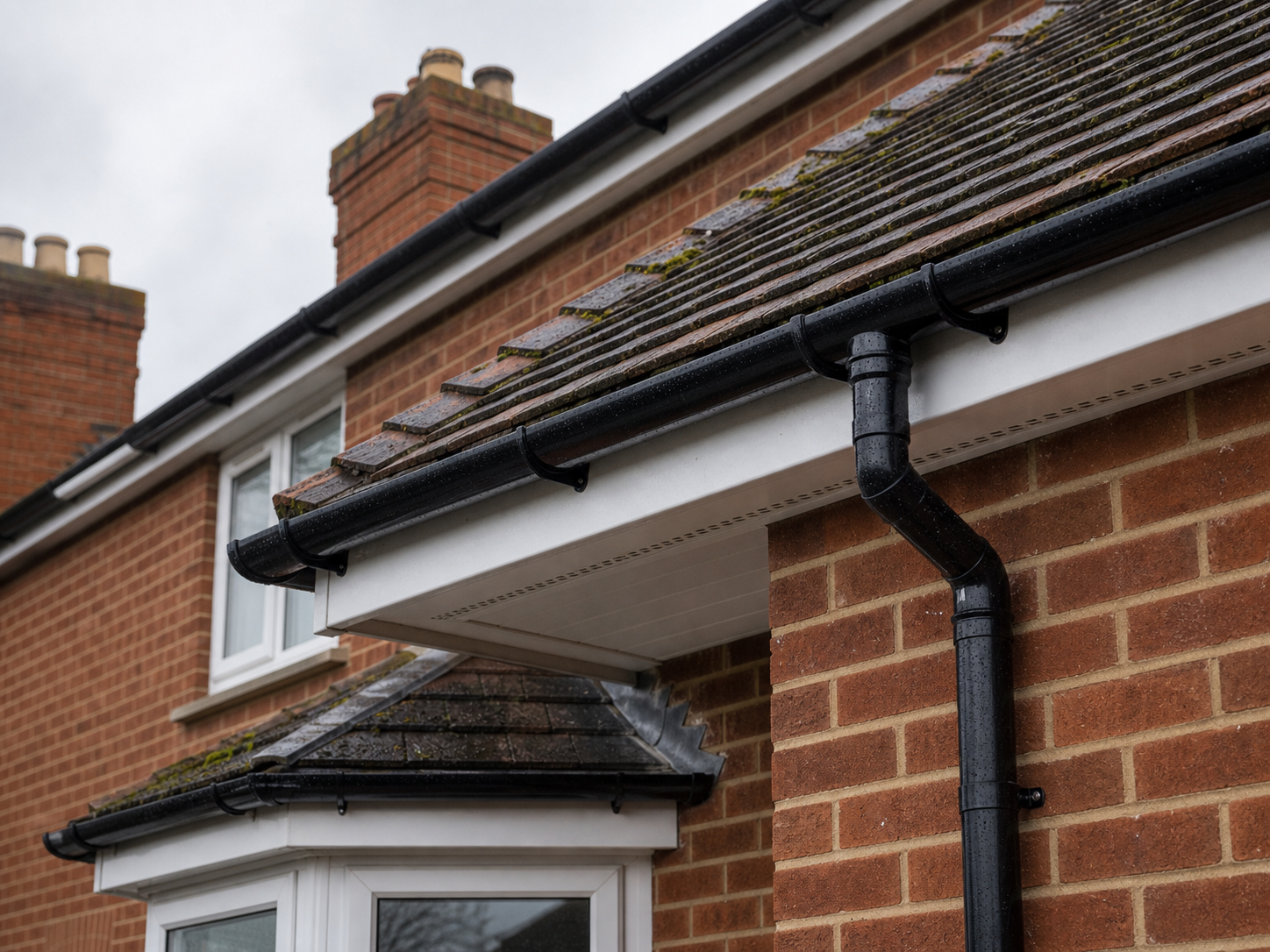 Black guttering, white fascia and soffit detail on a Worcester red-brick home.