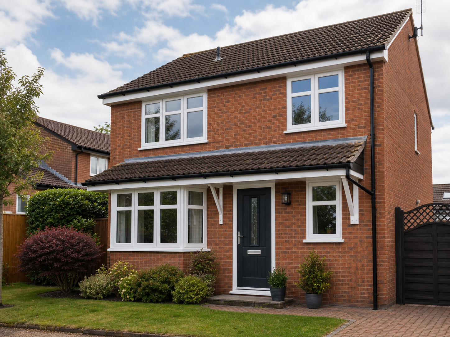 Worcester family home with white uPVC windows, dark composite door and clean black guttering.