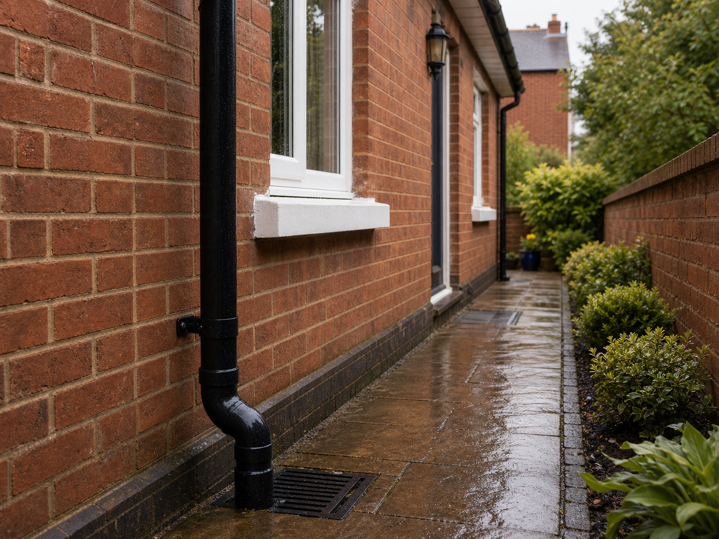 Downpipe and drain detail beside a Worcester red-brick home after rain.