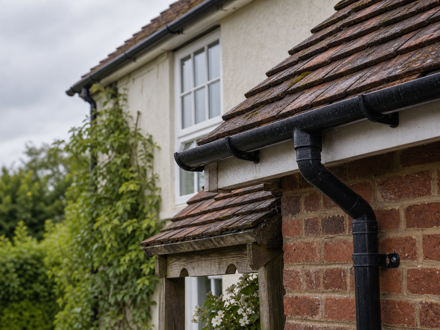 Village roofline detail with black guttering, white soffit, clay tiles, brick and render.