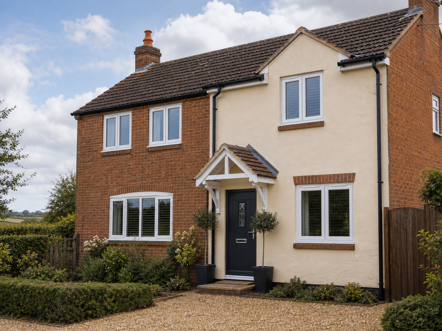 Worcestershire village home with white windows, dark door, roofline and neat garden edge.