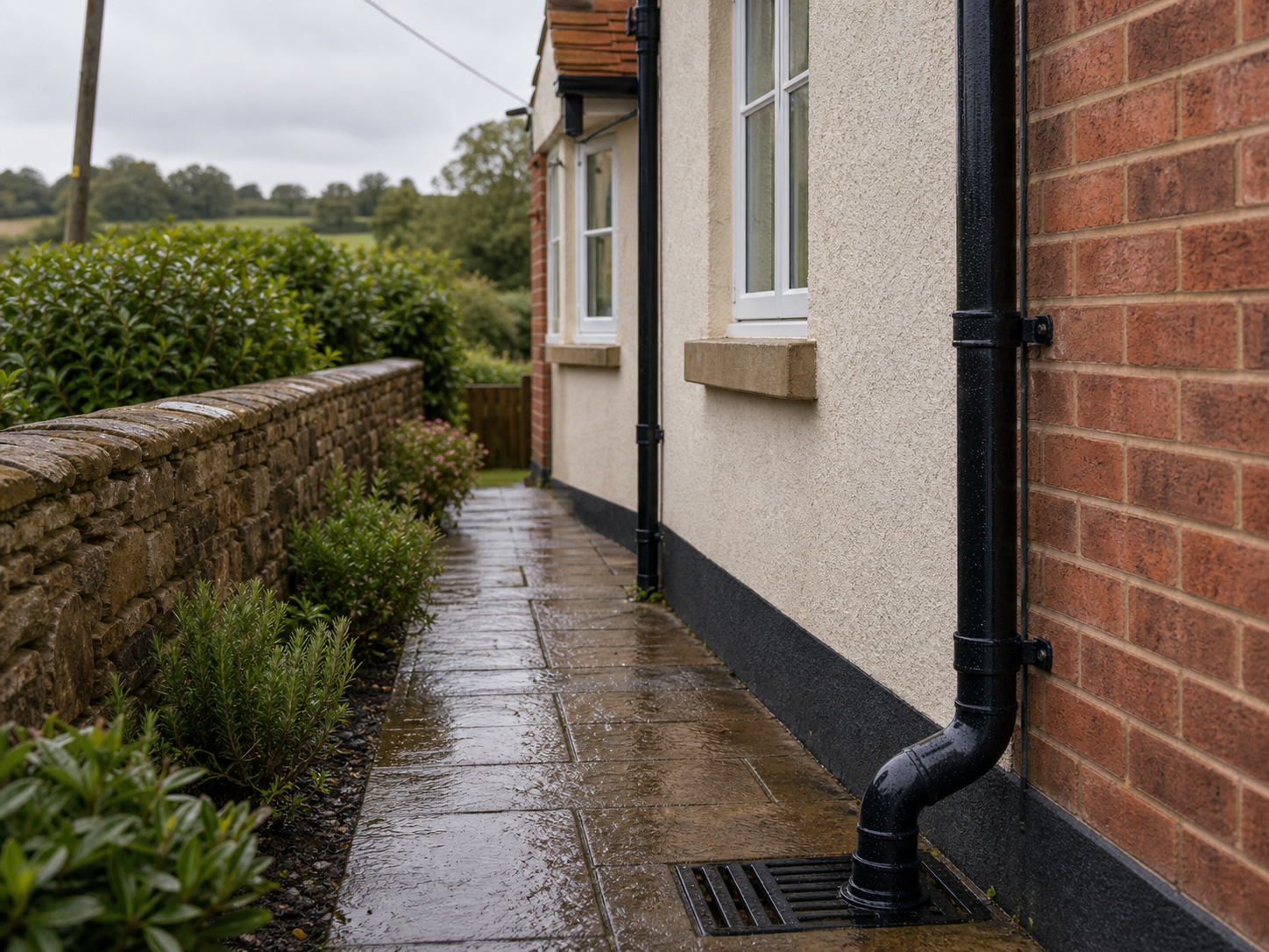 Downpipe, drain and damp path beside an older Worcestershire village property.