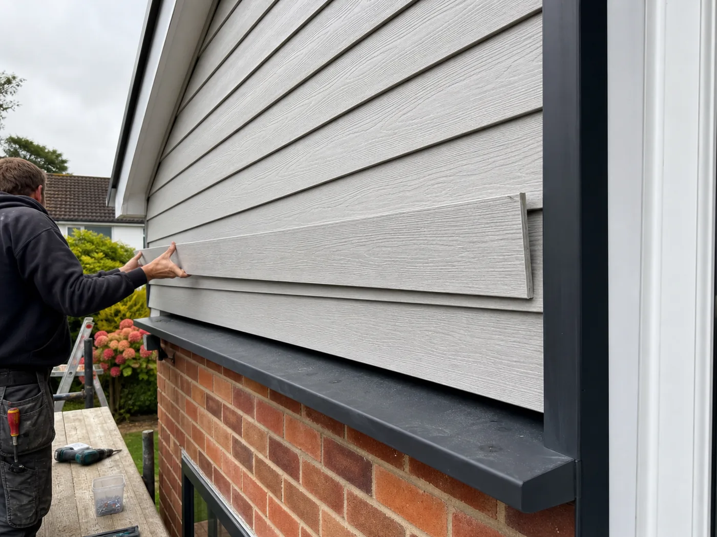 Horizontal composite cladding being fitted to a brick home