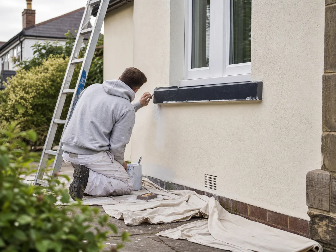 Decorator painting a window reveal on a rendered home