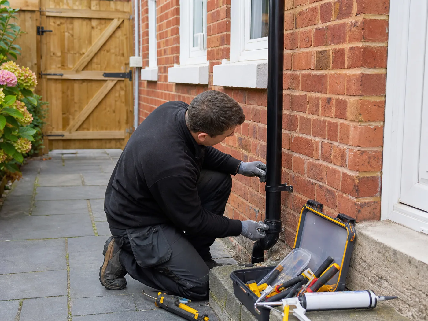 Tradesman with a toolbox carrying out exterior maintenance by a brick house