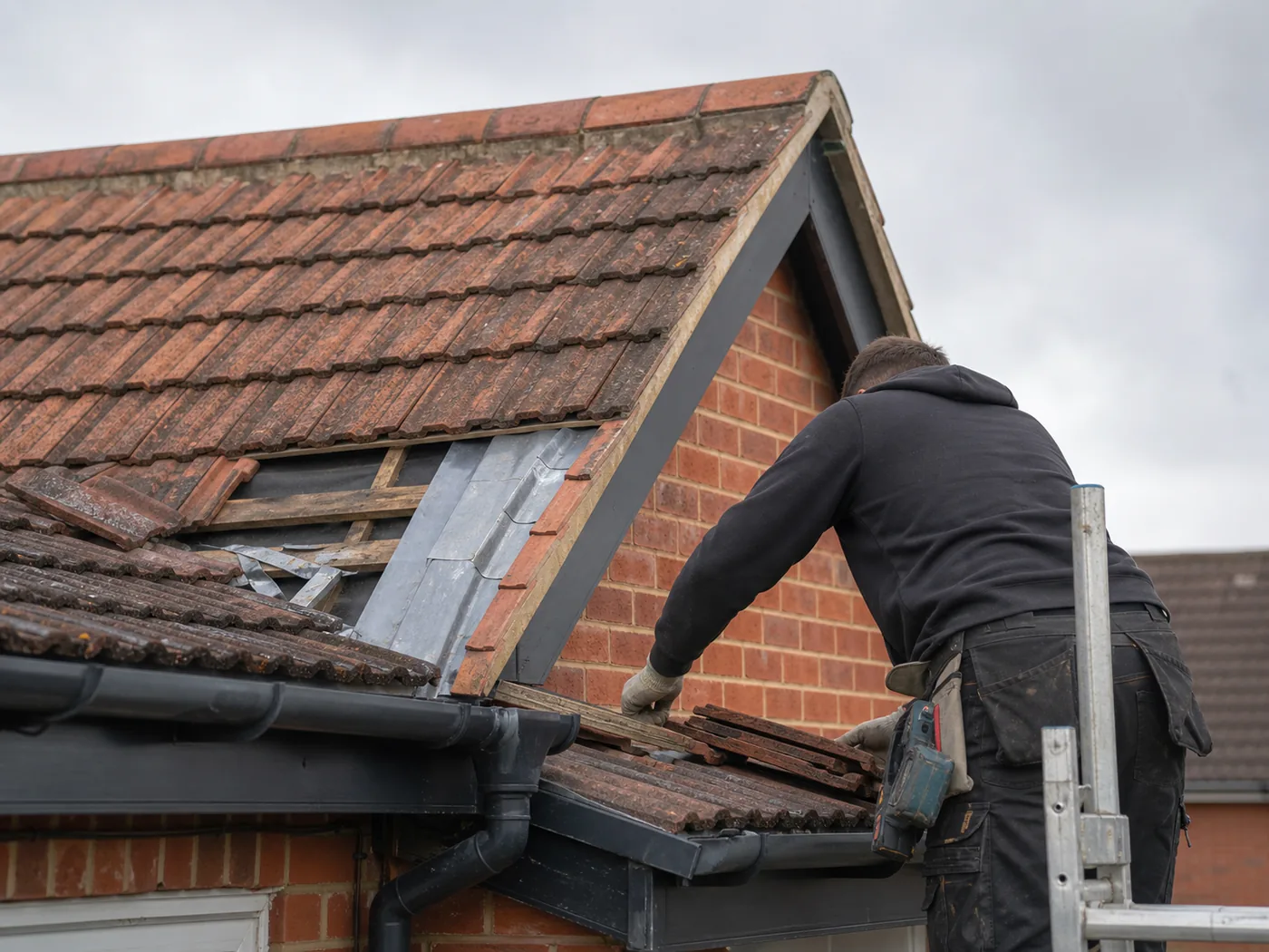 Pitched roof repair work on a tiled roof